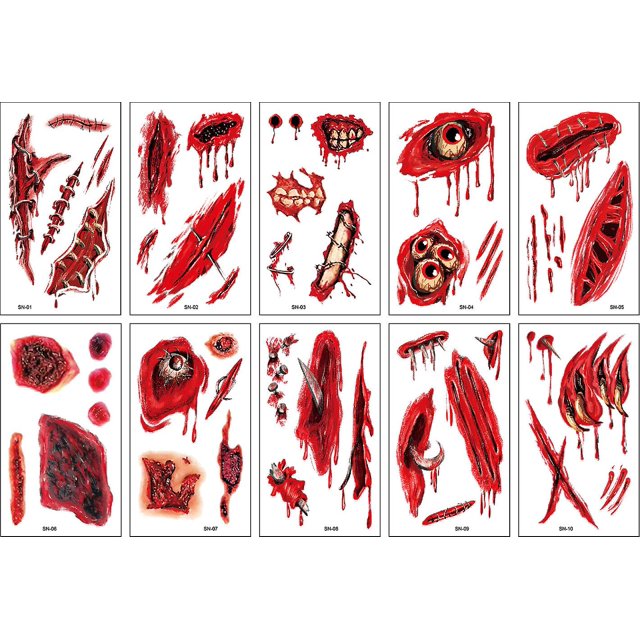 10 piezas de tatuaje de Halloween6, maquillaje profesional de Halloween, tatuajes temporales de Halloween, cicatrices de pegatinas de tatuajes de Halloween con tatuaje de costra falsa Rojo Verde Cocina, Decoración y Otros