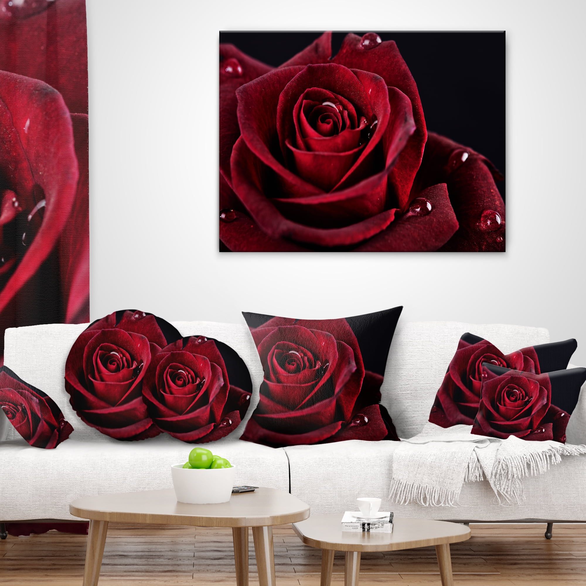 Designart Red Rose with Raindrops on Black - Flowers Throw Pillowwork - 12x20