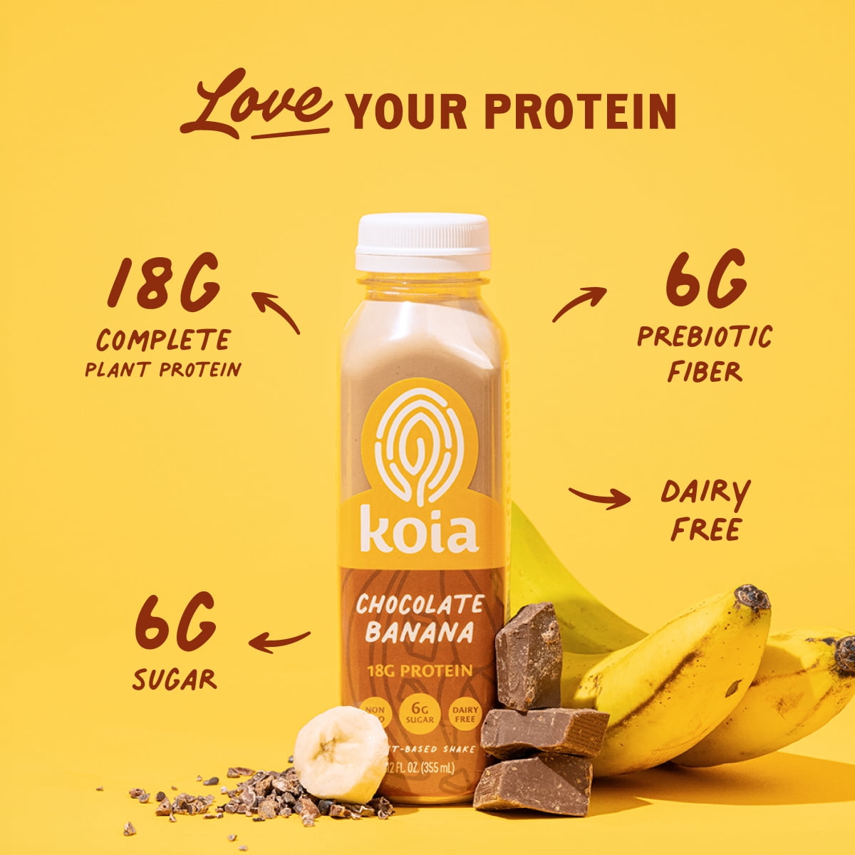 Koia Protein Nutritional Shake, Chocolate Banana, 18g Plant Protein, Non-Dairy Ready to Drink