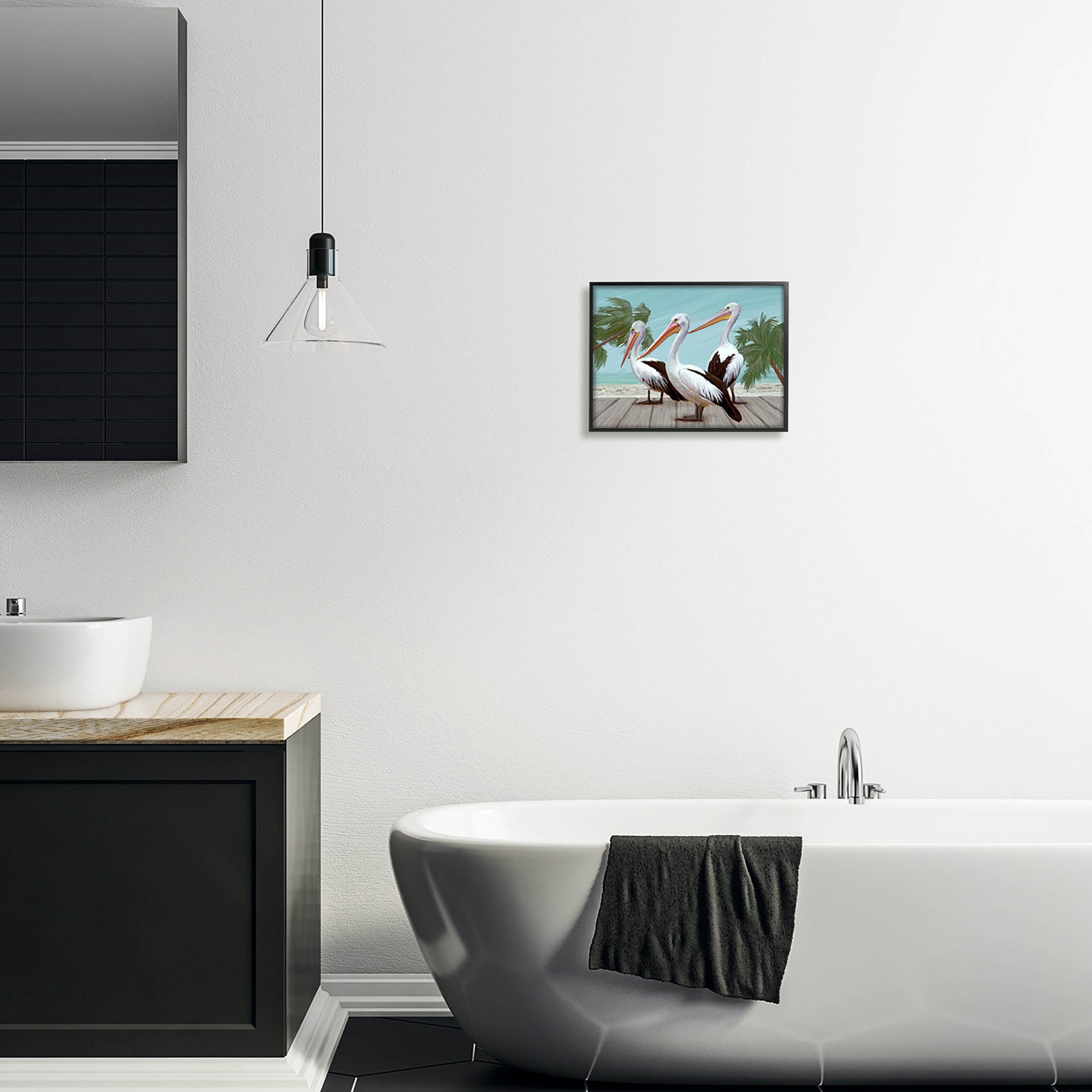 Stupell Industries Tropical Beach Pelicans Palms Graphic Art Black Framed Art Print Wall Art, Design by Ziwei Li