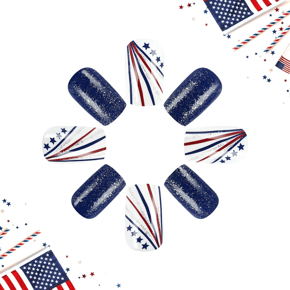24Pcs 4th of July Press on Nails - Red White Blue Glitter Patriotic Fake Nails Full Cover False Nails with Stars (Independence Day)