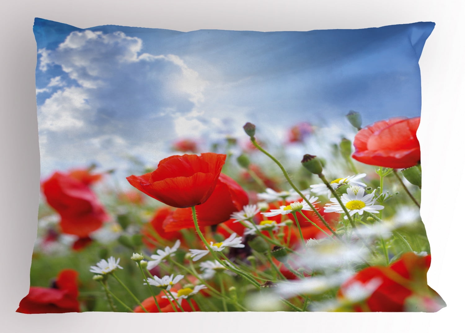 Country Pillow Sham Idyllic Spring Meadow with Poppy and Daisy Flowers Sunny Sky Clouds Garden Design, Decorative Standard Queen Size Printed Pillowcase, 30 X 20 Inches, Multicolor, by Ambesonne