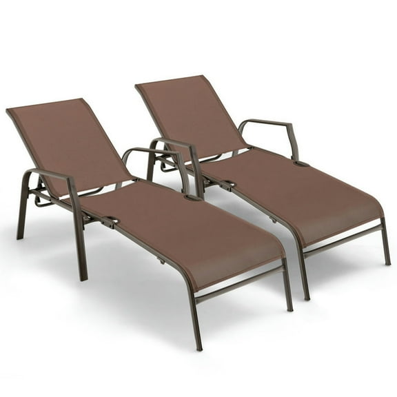 GVN Reclining Chair,Outdoor Chaise Lounge, 2 Pieces Patio Folding Chaise Lounge Chair Set with Adjustable Back-Brown
