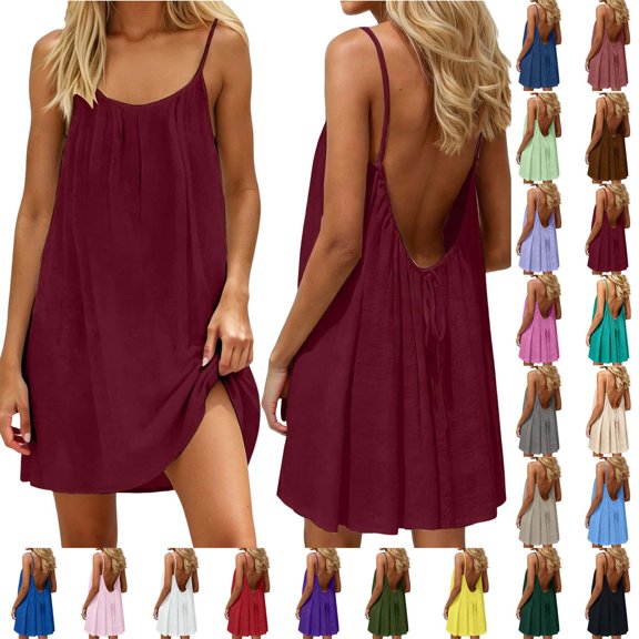 Xaqiouau Womens Solid Spaghetti Strap Mini Dress Backless Casual Summer Loose Swing Dress Sleeveless Beach Vacation Sundress