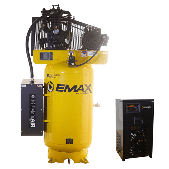 Emax Compressor Silent Industrial Plus 5 HP 1- Phase 2-Stage 80 Gal. Vertical Compressor with 30 CFM Dryer Bundle-With Pressure Lube Pump