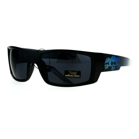 Locs Skull Print Rectangular Gangster Cholo Sport All Black Sunglasses Blue