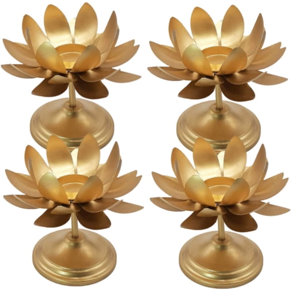 India Meets India Brass Large Lotus Tealight Candle Stand, Tea Light Holder with Candle Tea Lights for Diwali Decoration Handicraft (Set of 4)