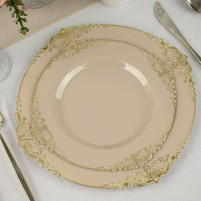 YOPTOP Lot de 10 / Transparent/or Baroque Assiettes Rondes en Plastique de 8” pour Desserts et Salades Vaisselle Jetable avec Rebord Doré en Relief en Forme de Feuille, Taupe, 10 Pouces