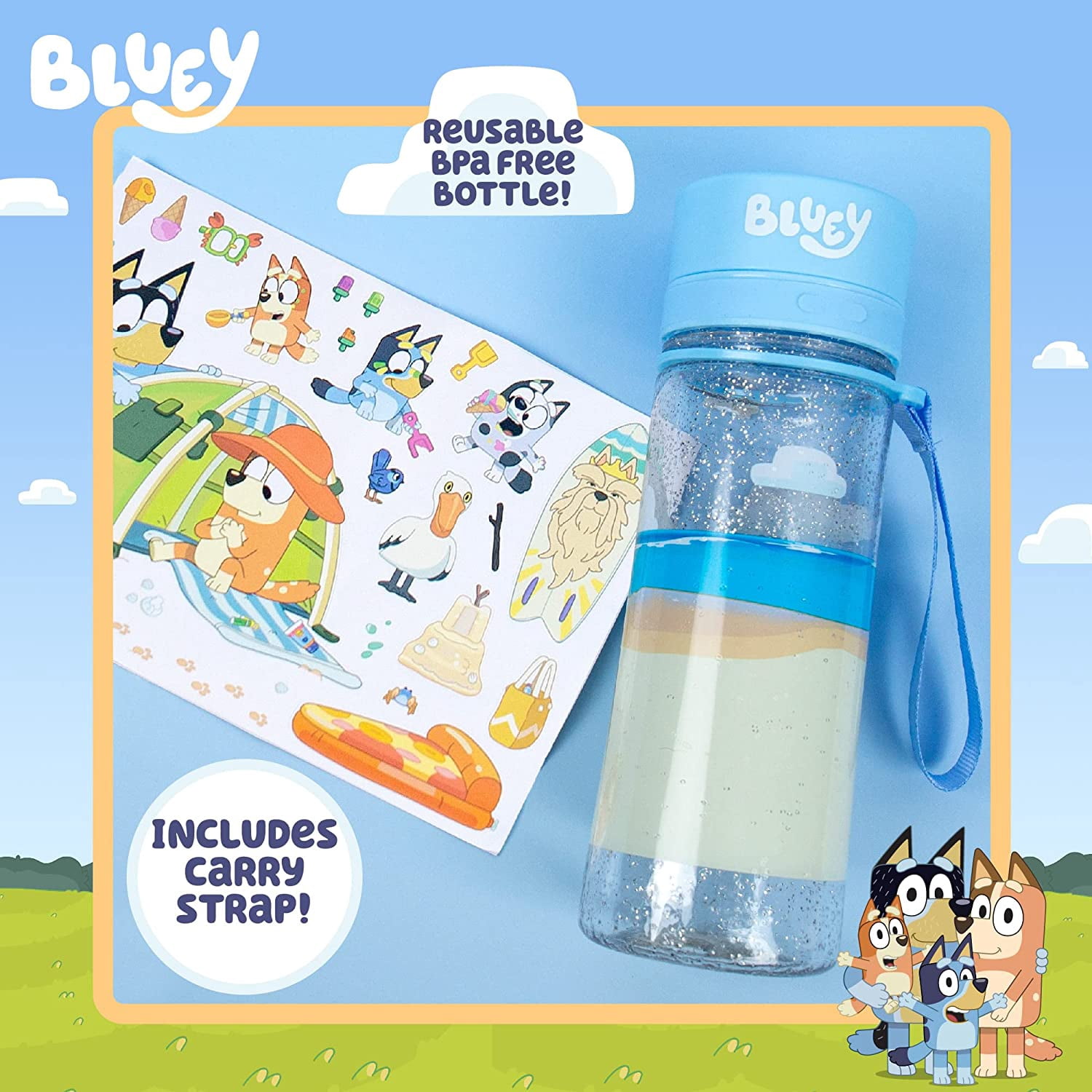 Bluey Decorate Your Own Water Bottle, Repositionable Stickers, Great For Bluey Birthday Parties, Summer Sports, and More, Reusable BPA-Free Water Bottle for Kids Ages 3, 4, 5, 6