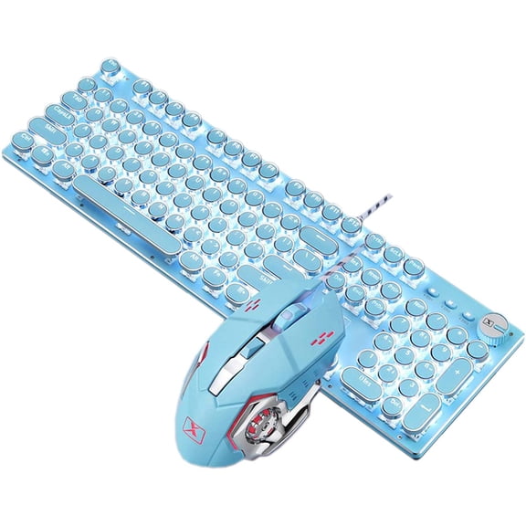 Mechanical Gaming Keyboard and Mouse Combination, Retro Steampunk Old Typewriter Keyboard with LED Backlight, 104-key Anti-ghosting Blue Switch Wired USB Metal Panel Round Keycap, Pink