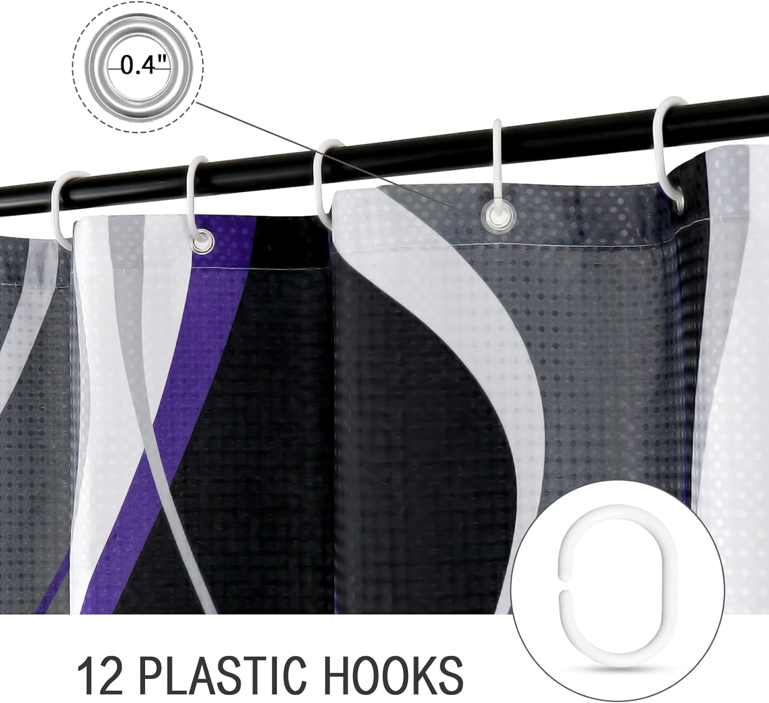 Black and Purple Shower Curtain, Abstract Modern Grey and Purple Bathroom Decor Accessories, Waffle Weave Textured Fabric Shower Curtain Set with Hooks, 72x72