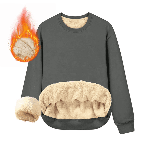 Fleece Lined Sweatshirts for Women Winter Warm Long Sleeve Pullover Casual Round Neck Thickened Solid Fall Tops