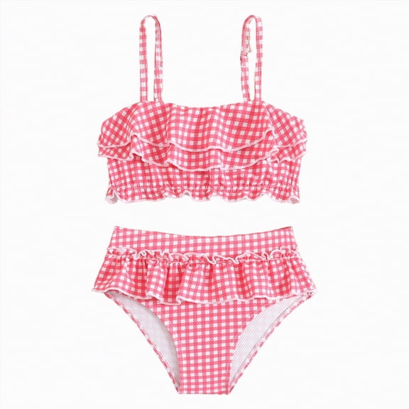 Hessimy Girls Two Piece High Waisted Ruffle Waffle Swimsuit Bathing Suit Bikini Sets,highwaisted(Pink,7-8 Years)