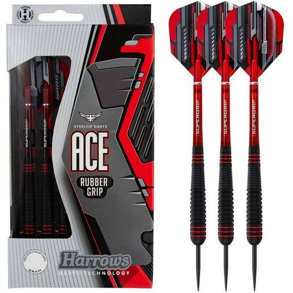 Harrows Ace Rubber Grip Darts - Includes Three Steel-Tip Solid-Brass Darts, Three Supergrip Shafts & Three Marathon Flights - 22 Grams