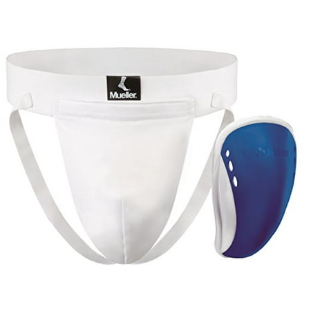Mueller Athletic Supporter with Flex Shield Cup, White/Blue, Youth