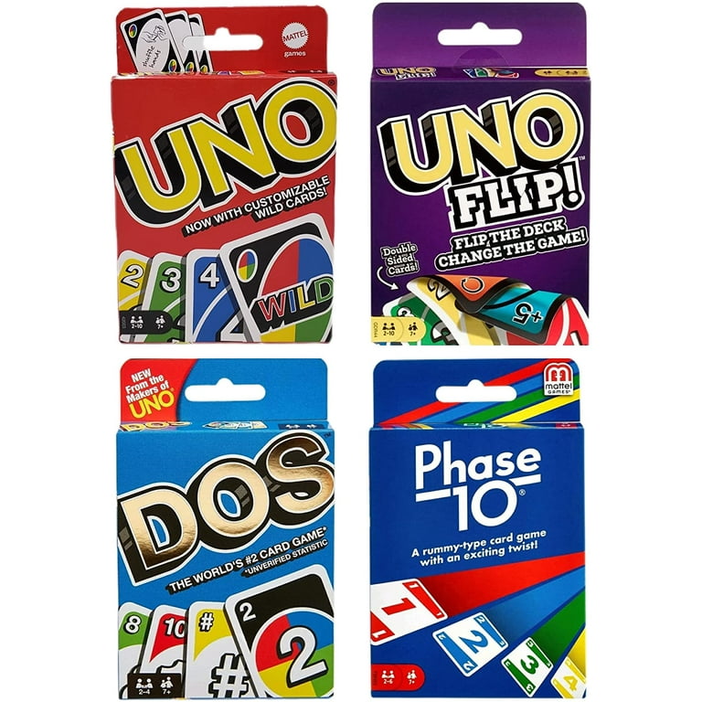 Mattel Uno, Dos, Uno Flip, and Phase 10 Mattel Family Card Game Variety  Pack of 4 