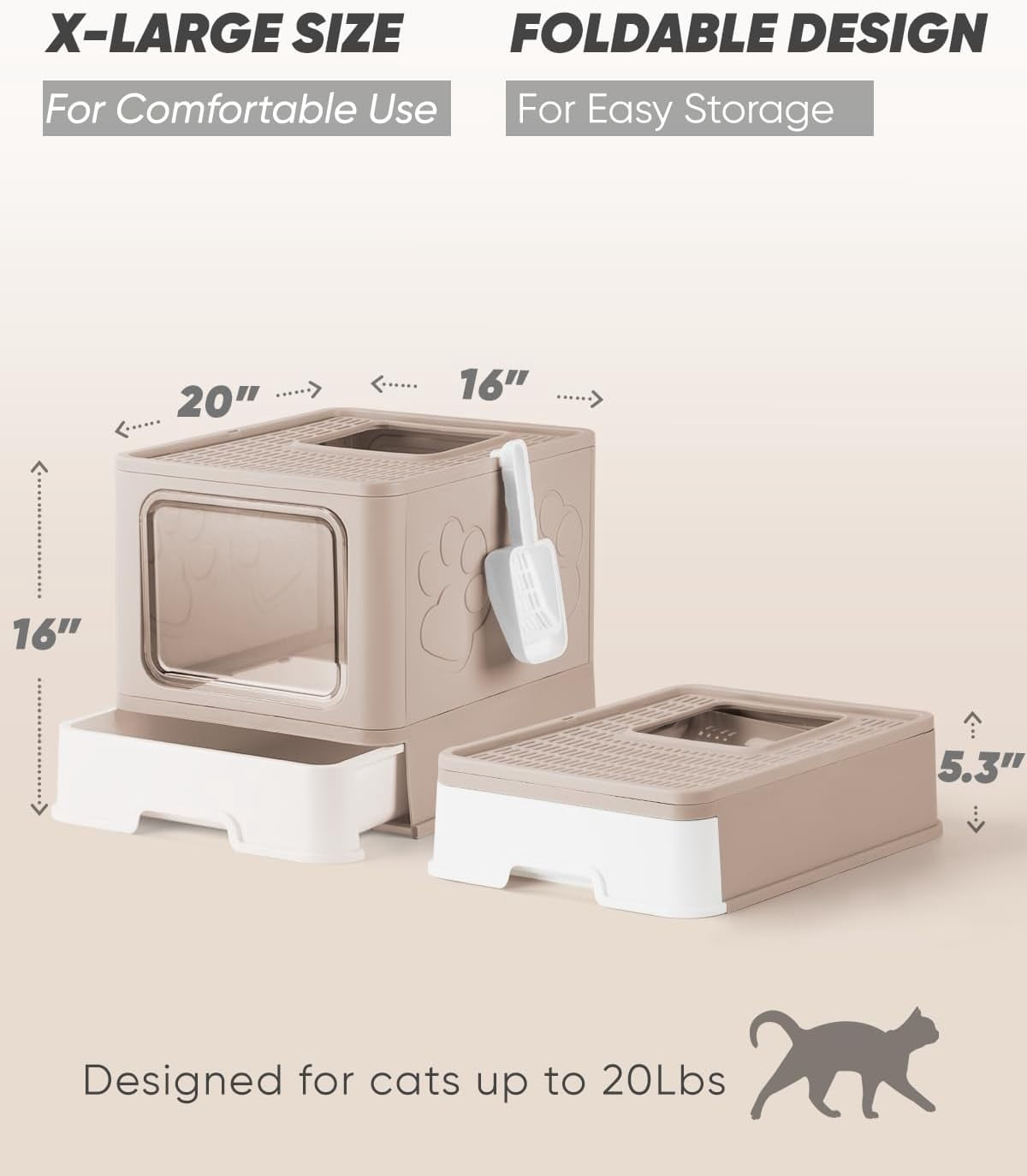 Enclosed Litter Box with Lid, X-Large Foldable Cat Litter Box, Covered Kitty Litter Box, Two-Way Entry and Exit Cat Box with Scoop, Odor Control, Easy to Clean(Coffee)