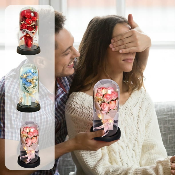 Lámpara de ramo de rosas preservadas - 7 rosas secas regalo decorativo • Funda acrílica • Luz LED • Opciones rojo azul rosado • Arreglo floral romántico y duradero para aniversario, decoración del