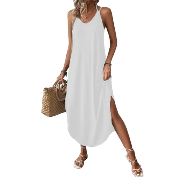 Kvture Women's Summer Casual Cami Long Dress Sleeveless Casual Maxi Dresses Soft Lightweight Solid Boho Maxi Sundress White