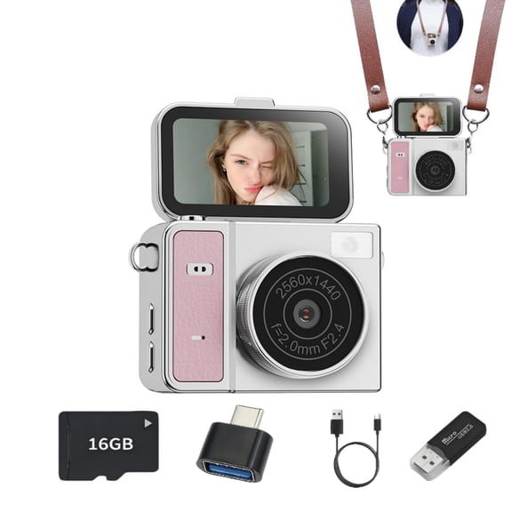 Mini Keychain Digital Camera 48MP 2K Vlogging Camera with Filters, 16GB Memory Card, Card Reader & OTG Adapter, Rechargeable Portable Selfie Camera for Daily Shooting