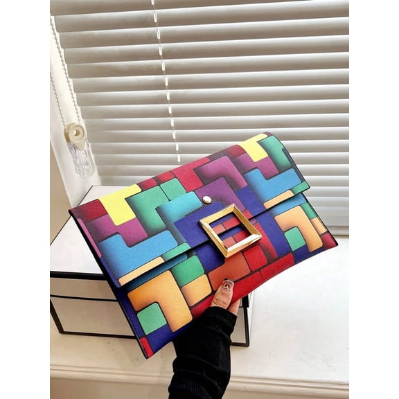 Multicolor Mosaic Clutch Envelope Bag With Gold-Tone Buckle Flap Handbag