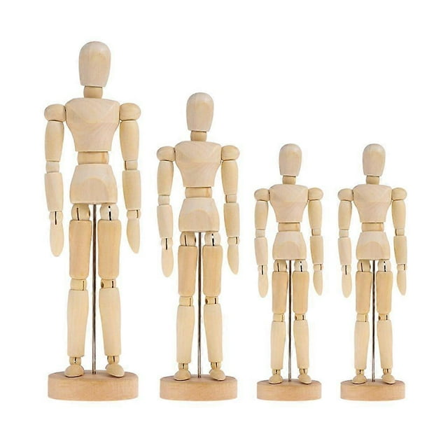 4Pcs Wooden 3D Movable Joint Puppet Ornaments Delicate Doll Sketch Model Adornments Wooden Crafts Decoration (Wood Color)