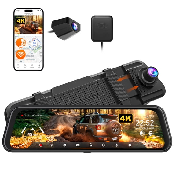 WOLFBOX M40 10" WiFi GPS Mirror Dash Cam, 4K Front and 1080P Rear Dual dash cam with ASDS, Voice Control, Night Vision, Parking Mode, No Card