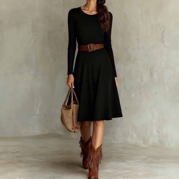 Fashionable Women's Elegant Western Style Round Neck Knitted Long Sleeve Spring & Autumn Dress - Black L