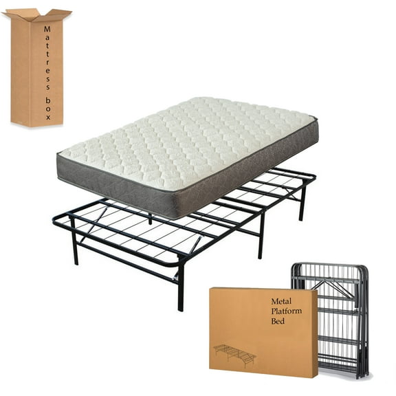 Gowtun 10-Inch Pocketed Coil Rolled Medium Plush Mattress And Metal Platform Bed, Twin Size