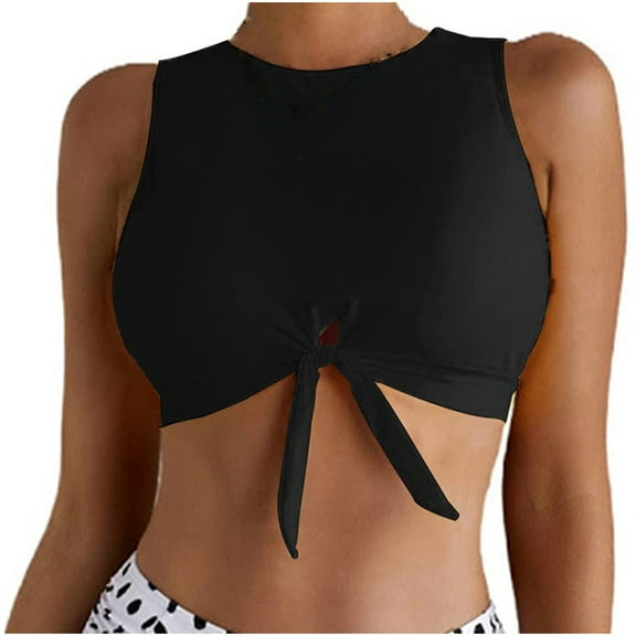 Lopeceal Women's Cut Out Tie Knot Front Scoop High Neck Tank Crop Top Bikini Swimsuit Top Only