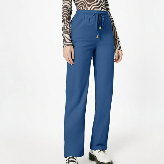 AKEGAMN Summer Wide Leg Elastic Waist Linen High Waisted Casual Beach Trousers, Blue S-3XL
