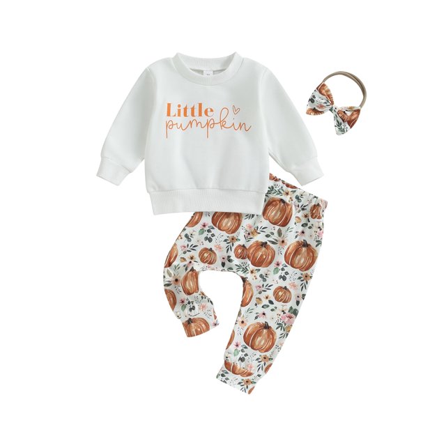 Ropa de invierno para niña, sudaderas de cuello redondo con calabaza, pantalones deportivos con flores, diadema, trajes de Halloween de otoño para niña pequeña