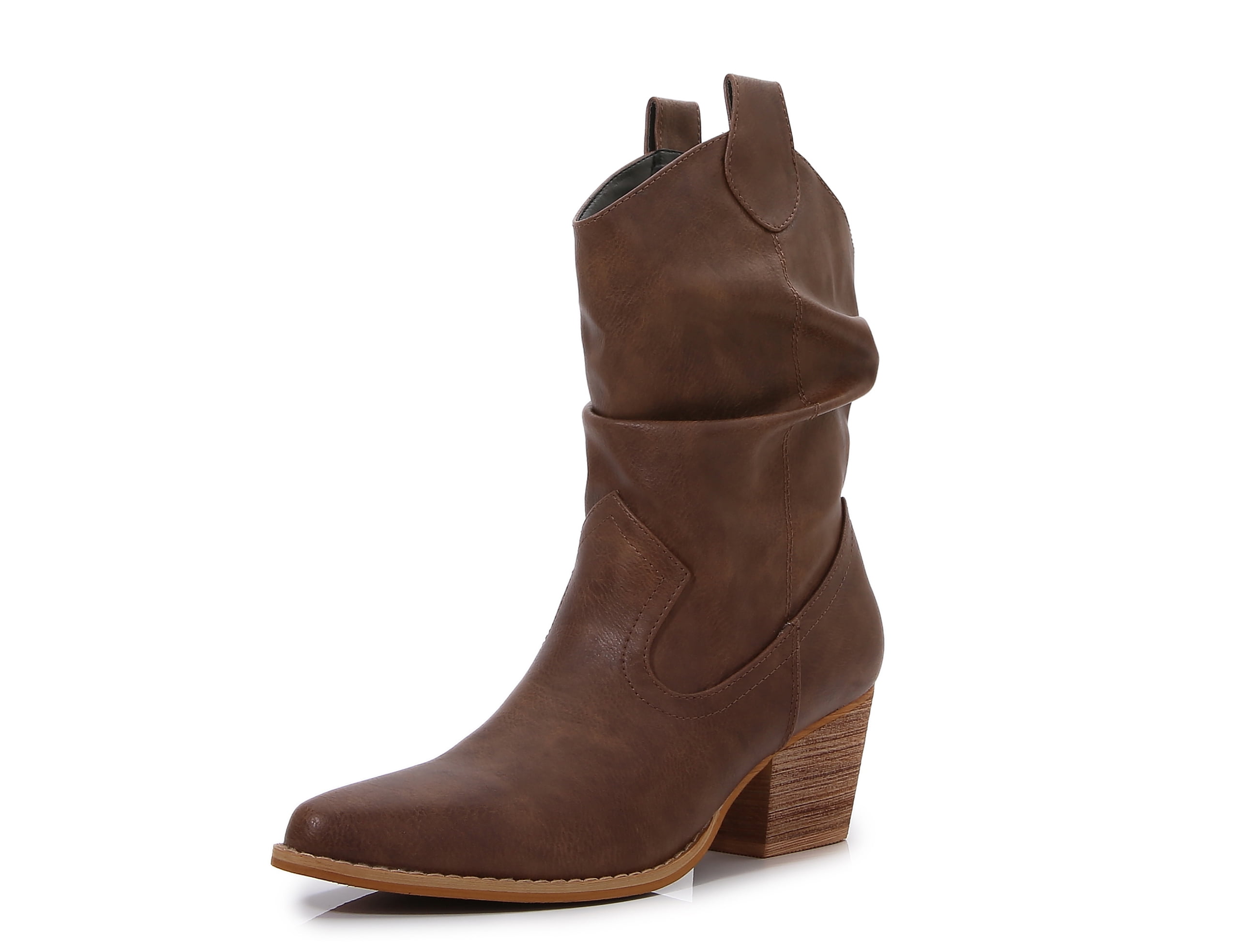 Premium PU Leather Wooden Heel Long Chelsea Boots (Khaki, 7)