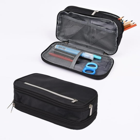 Pencil Case Large Capacity Pen Bag Big Stationery Storage Kit for Office Travel Cosmetic Pouch Arts and Crafts Supplies Organizer Multiple Compartments Water Resistant (Black)