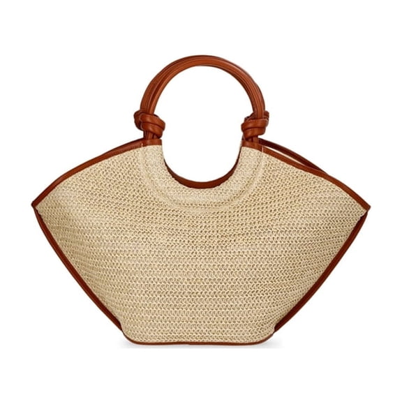 Women’s Woven Tote Bag with Leather Knot Handle — Fan-Shaped, Lightweight, Breathable Natural Grass Craft, Versatile Summer Beach and Travel Handbag