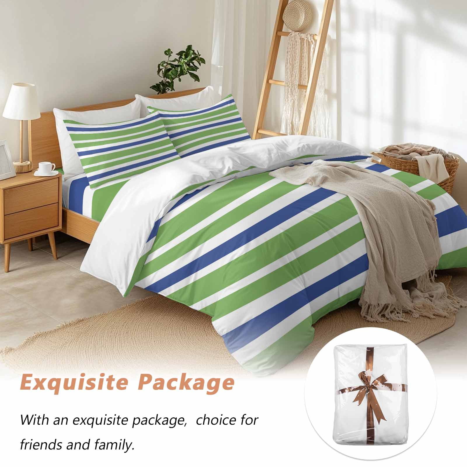 Green Blue Bedding Duvet Cover Set King Size 4 Pieces White Stripe Soft Twill Plush Quilt Cover, Include 1 Duvet Cover 1 Flat Sheet And 2 Pillow