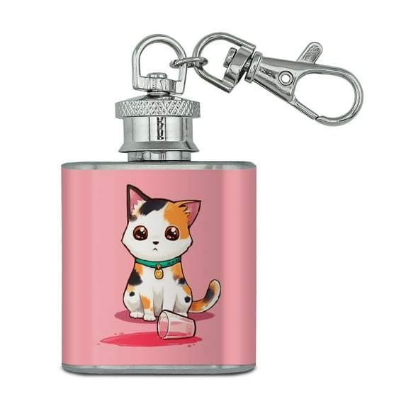 Kawaii Cute Cat Spilled Glass of Water Stainless Steel 1oz Mini Flask Key Chain