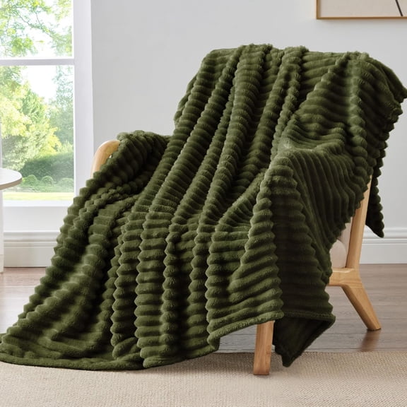 Soft Warm Fleece Throw Blanket for Couch - 300GSM Fluffy Olive Green Decorative Striped 50"x60