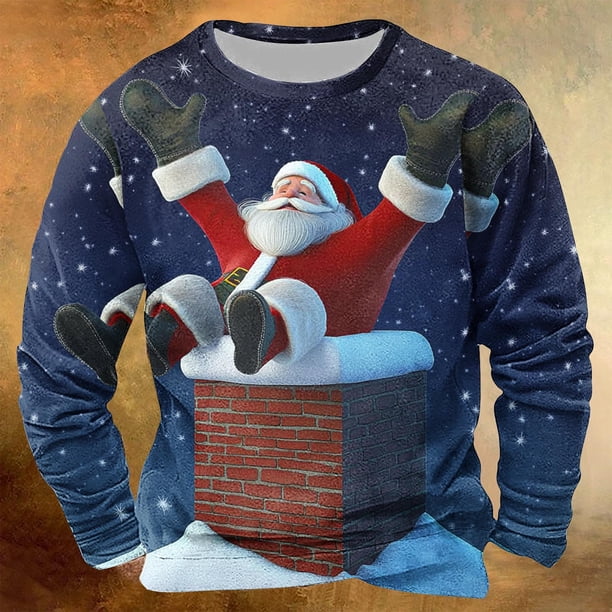 Sudadera sin capucha para hombre, informal, a la moda, con cuello redondo, estampado navideño, jersey de manga larga, blusa de poliéster para hombre