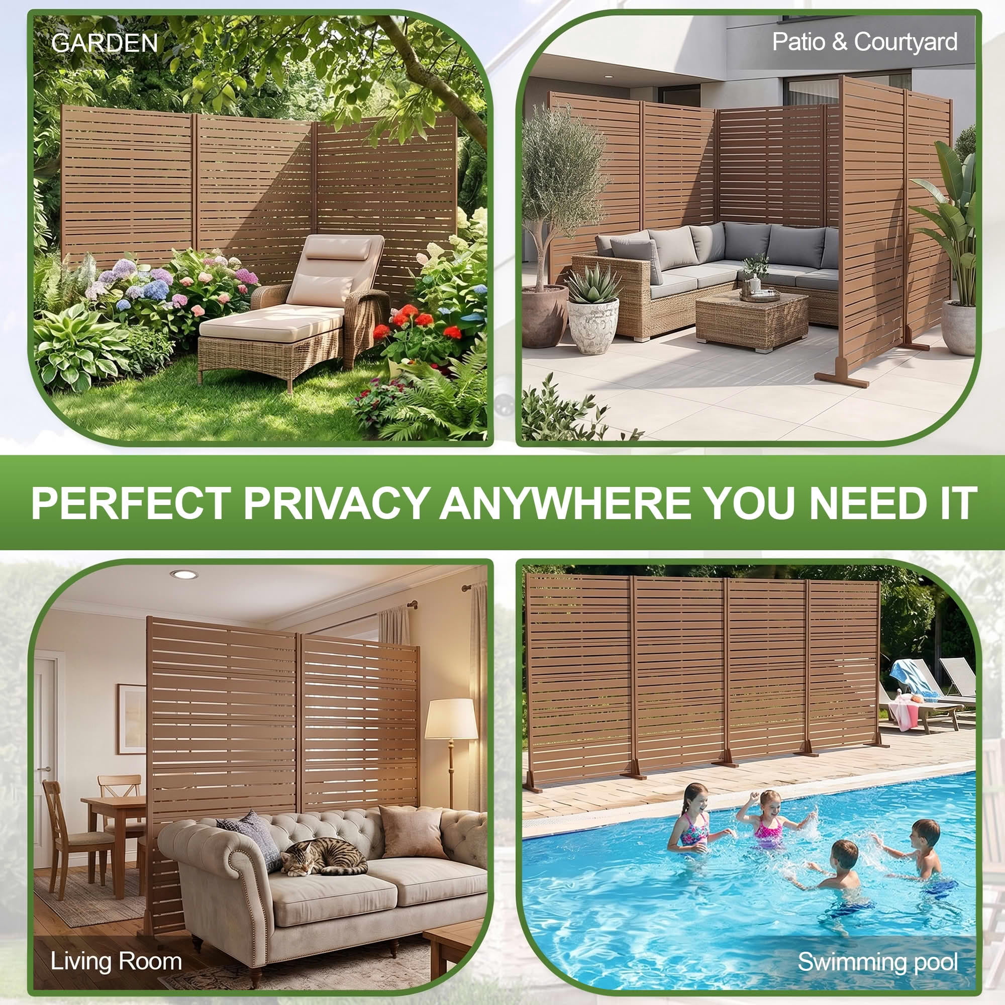 MAYEERTY 2-Piece 72"x47" Privacy Screen, Brown 6-Panel Galvanized Steel Louvered Fence, Wide-1 Narrow-2, Freestanding for Patio Backyard