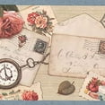 thumbnail image 1 of Concord Wallcoverings Wallpaper Border Vintage Hard Writing Letters Greeting Cards Flowers for Living Room Home Office, Colors Pastel Blue Red Green Brown Beige, Size 7 Inches by 15 Feet AEB1749B, 1 of 4