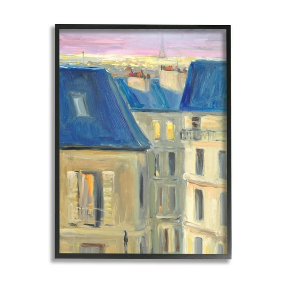 Stupell Industries Cozy Urban City Neighborhood Pink Sunset Sky Painting Black Framed Art Print Wall Art, Design by JG Studios