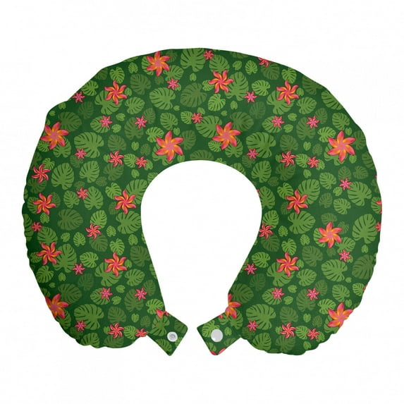 Exotic Travel Pillow Neck Rest, Natural Theme Tropical Oasis Pattern Along Pink Flowers Green Palm Leaves Pattern, Memory Foam Traveling Accessory Airplane and Car, 12", Multicolor, by Ambesonne