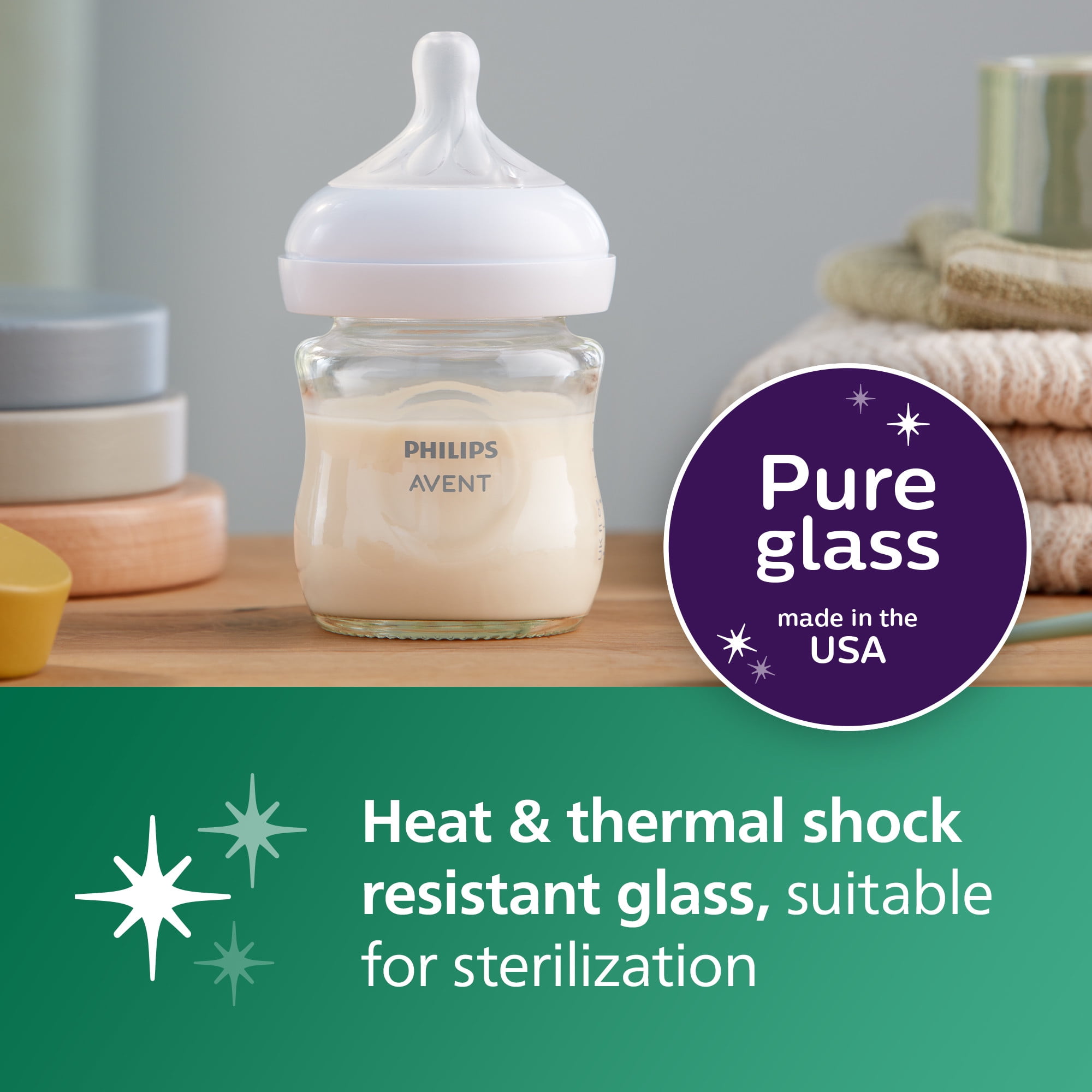 Philips Avent Natural Glass Baby Bottles with Natural Response Nipples (Slow Flow, Flow 2), 4oz, 3-Pack, SCY910/03