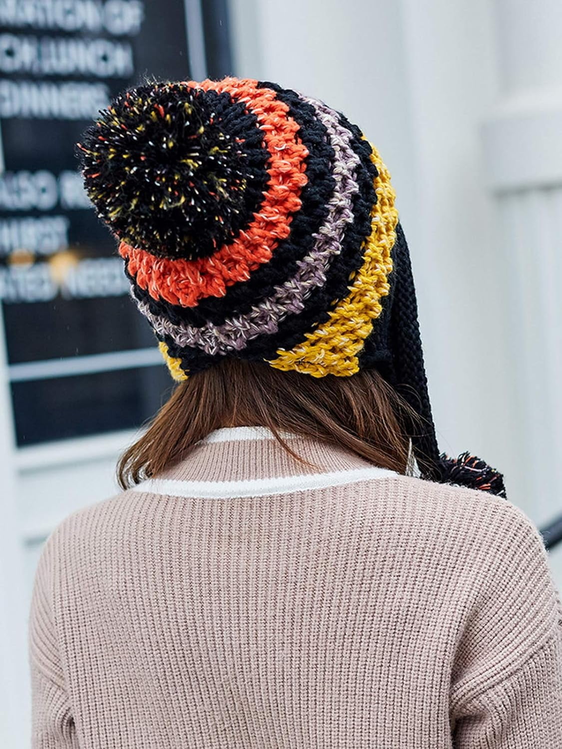 YooGuoGuo Women Fleece Lined Beanie Cap Contrast Color Warm Knitted Ski Hat w/Earflap Pom