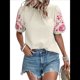 thumbnail image 2 of Blusas Texturizadas con Bordado Floral para Mujer, Cuello Redondo, Corta Abullonada, Informales, Holgadas, Lisas, Color Albaricoque XL, 2 of 10