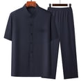 thumbnail image 2 of Jessboyy 2 Piece Outfits for Men Casual Stand Collar Short Sleeve Button Down Shirts and Pants Sets Vacation Travel Set Summer Spring Going Out Outfit Navy,XXL, 2 of 3