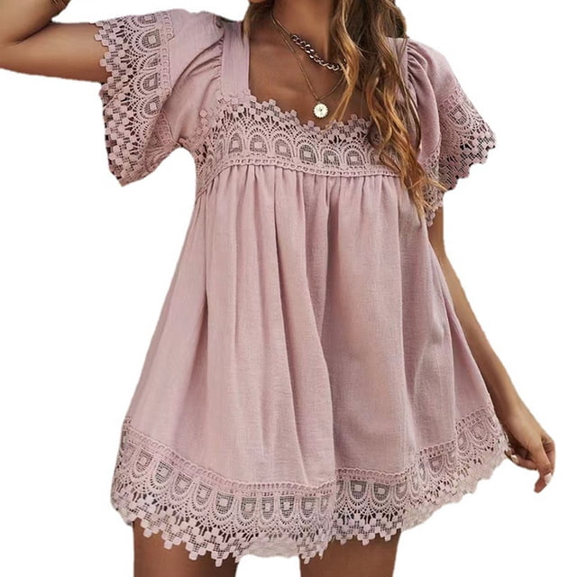 Blusas de encaje de verano para mujer, manga corta, cuello cuadrado, blusas fluidas, camisas para fiestas, playas, vacaciones