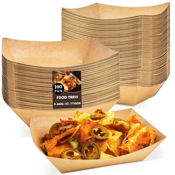 Greenpod 1lb Paper Food Trays, 100 Pack Heavy Duty Kraft Food Boats Holders Disposable Serving Basket Trays for Nachos, Fries, BBQ, Festivals, Party