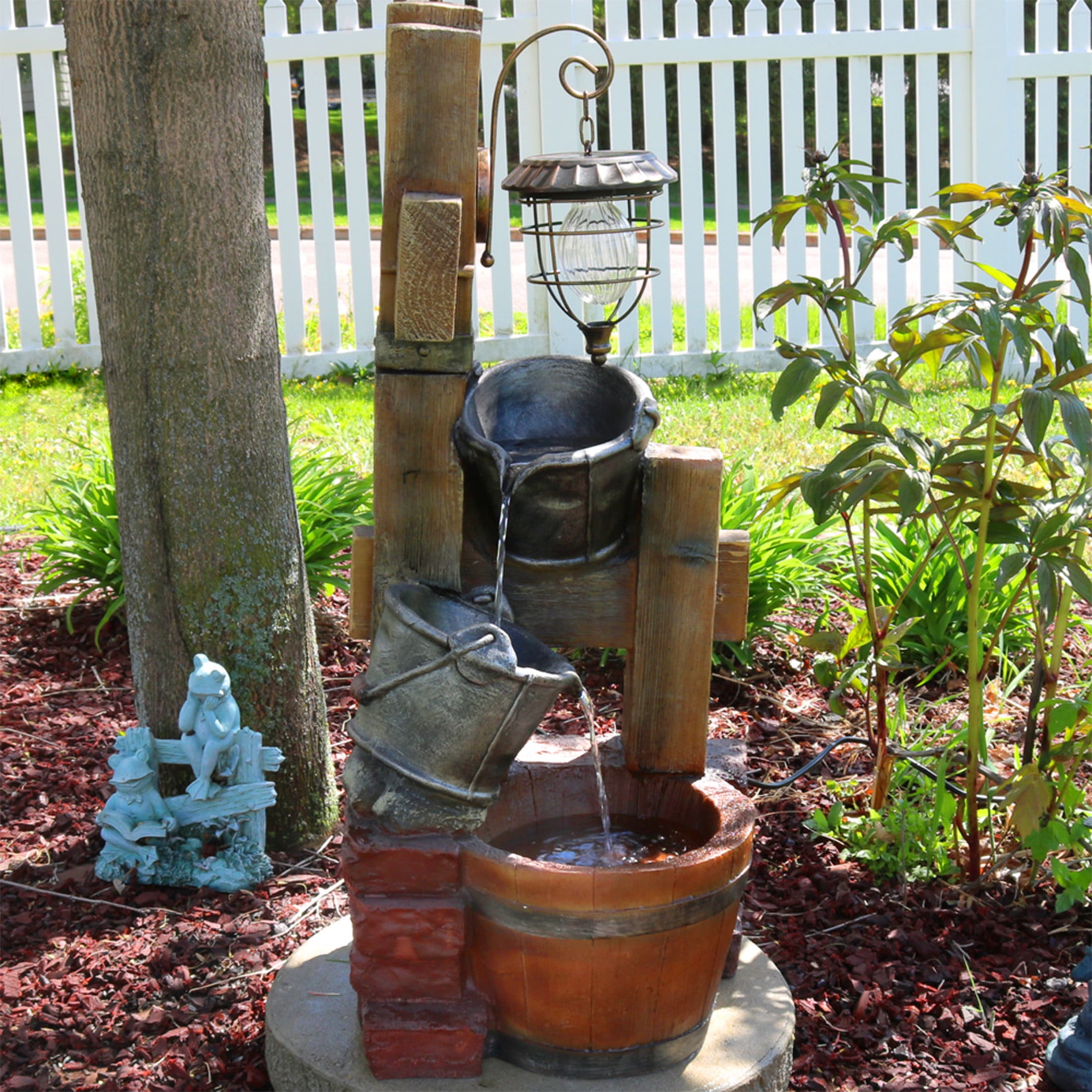 Sunnydaze Rustic Pouring Buckets Outdoor Water Fountain with Solar Lantern - Waterfall Fountain & Backyard Water Feature for Patio, Yard, & Lawn - 34 Inch Tall